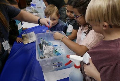 An elementary school class observes an experiment conducted by a teacher and a child